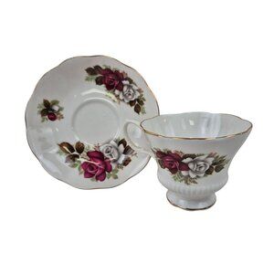 Royal Albert China England Tea Cup Saucer Set Pink White Rose Design Gold Trim